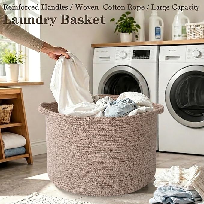 115L Large Blanket Basket,Woven Rope Laundry Basket-Brown | Collapsible, reinforced handles, nursery storage bin organizes clothes, toys and pillows for living room, bedroom bathroom.