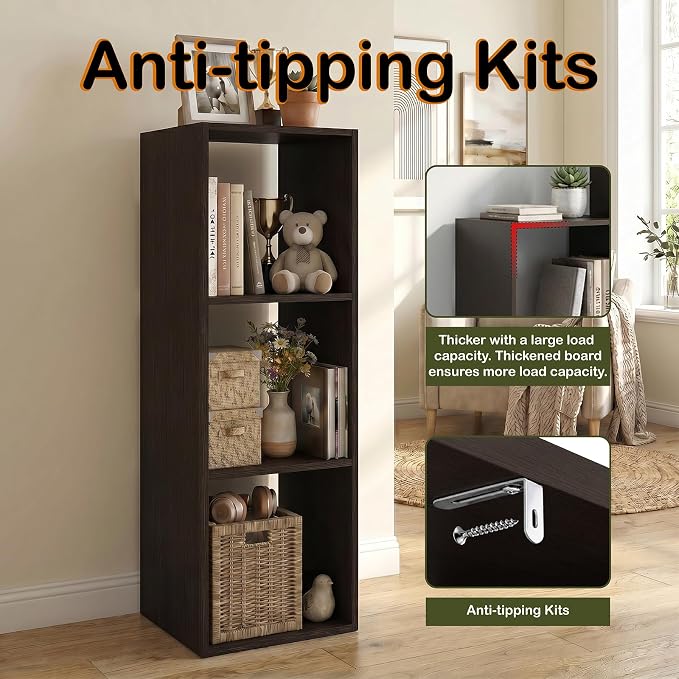 WannabeMyself【Sturdy Build&Easy Assembly】3 Cube Storage Organizer with Anti-Tipping Kits,Reversible Open Back Book Shelf, Bookcase for Living Room,Bedroom,Entrance Hall,Office,12.2×11.4×35.9,Chocolate