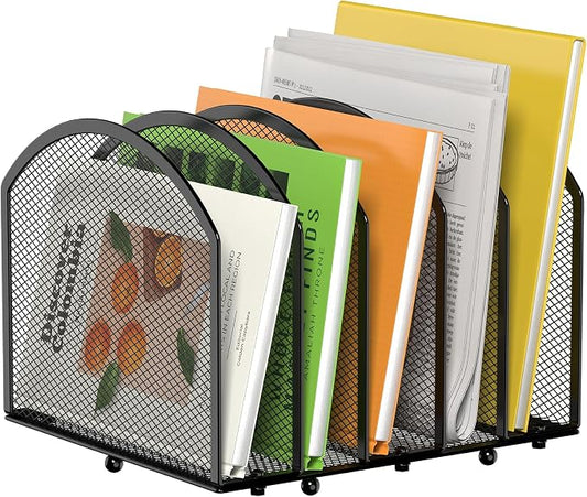 MINDEPOT 5-Section Desk File Organizer, Vertical Desktop File Holder Mail Sorter File Folder Holder Organization for Office School & Classroom (Black - 1Pack)
