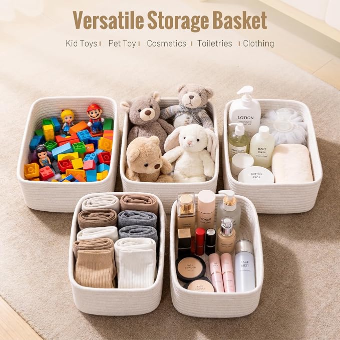 5 Pack White Small Woven Storage Baskets for Shelves, Cotton Rope Baskets Organizer for Bathroom, Closet & Nursery, Decorative Storage Bins for Organizing Socks, Toys, 11.8"x7.9"x4.7"