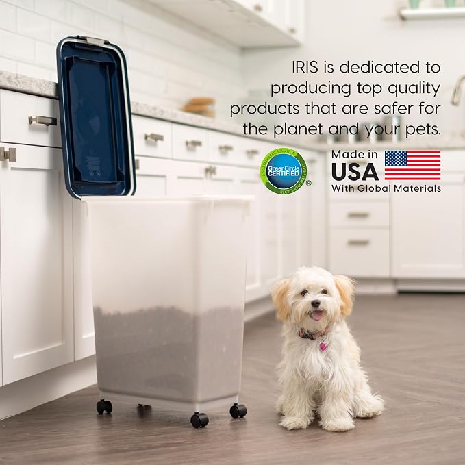 IRIS USA Airtight Dog Food Storage Container, Up to 38 lbs, Attachable Wheels, For Dog Cat Bird and Other Pet Food Storage Bin, Keep Fresh, Easy Mobility, BPA Free, Navy/Pearl
