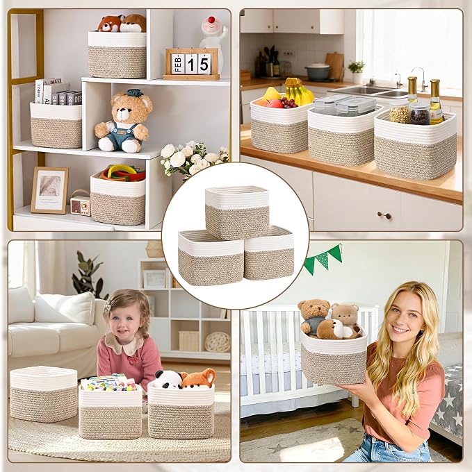 3 Pack Cube Storage Bin, 9”x9”x7” Cotton Rope Woven Baskets for Organizing Toys Clothes Towels, Square Gift Storage Baskets for Shelves, Nursery, Closet, Bathroom, Pantry (White & Jute)
