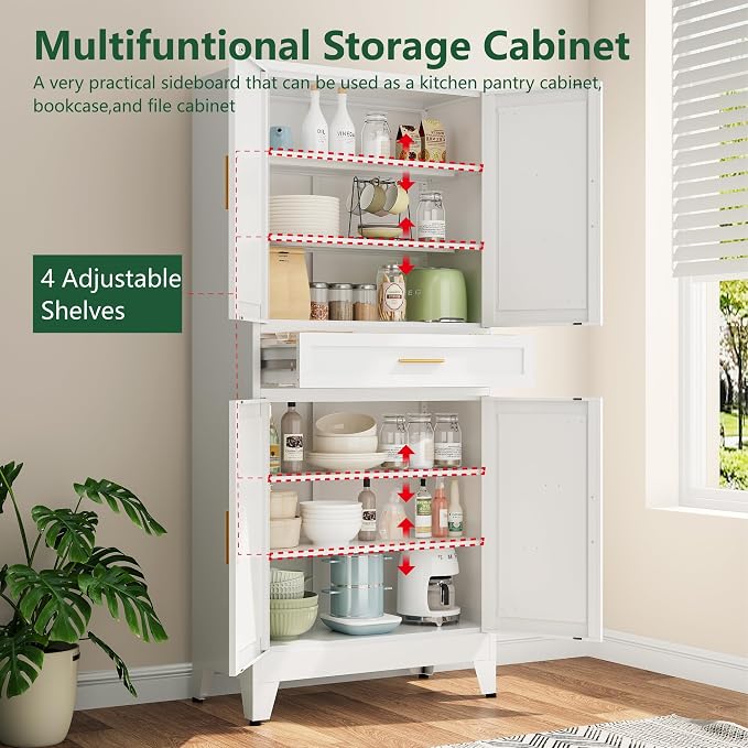Bevivog 71" Kitchen Pantry Cabinet, Metal Storage Cabinet with Drawer, 2 Doors and 4 Adjustable Shelves Cabinet for Home Office Laundry Living Room Farmhouse White Metal Pantry