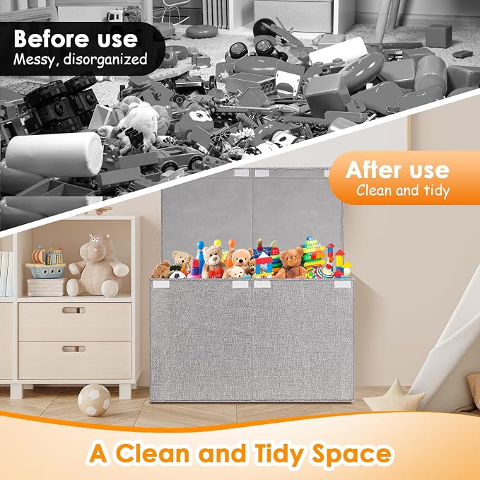 Large Toy Storage Box with Lid Upgraded Toy Chest Organizer with Removable PP Divider Foldable Toy Bin for Kids Boys Girls Linen Fabric Toy Box for Playroom Nursery Bedroom (25"x13"x16")