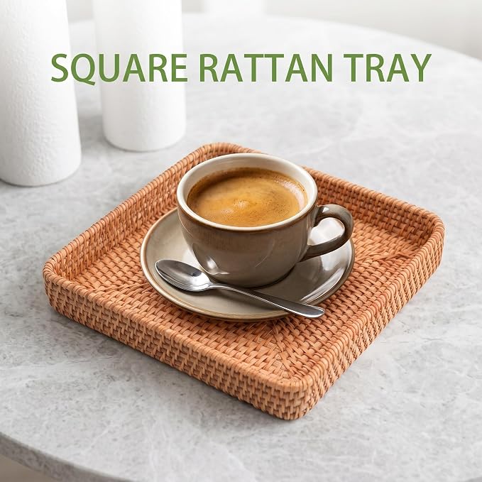 8" Square Rattan Basket Handwoven Wicker Serving Tray | Handwoven Natural Wicker Basket Tray for Entryway Coffee Table Keys Jewelry Remote Vanity Wedding Christmas Housewarming Gift
