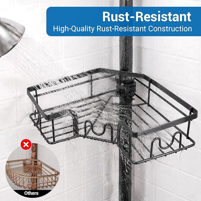 4-Tier Corner Shower Caddy Tension Pole, Floor to Ceiling Shower Corner Shelf Organizer with Soap Hold No-Drill 23.6-114.5 Inch