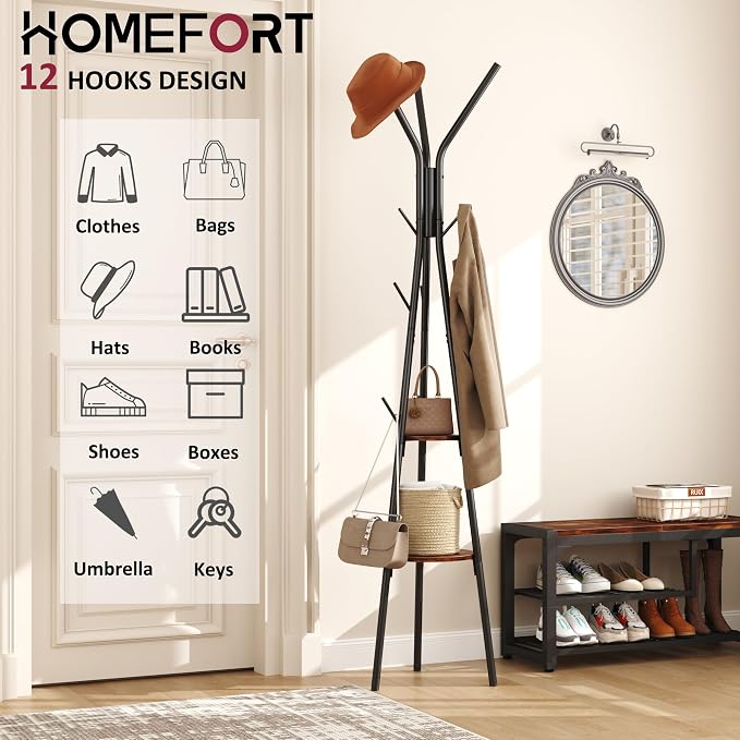 HOMEFORT Coat Rack, Coat Hanger Stand with 2 Shelves, Freestanding Hall Tree, Metal Hat Hanger with 12 Hooks for Clothes Hats and Scarves, Black and Rustic Brown,15.7" Wx15.7 Dx72.8H