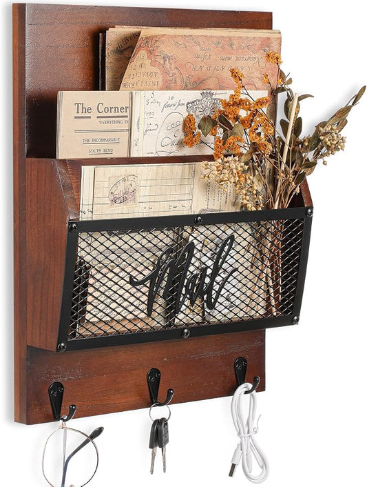 Yalikop Farmhouse Mail Organizer Wall Mounted Rustic Mail Holder Hanging Key Sorter with 3 Hooks Indoor Wooden Wall Mounted, Letter, Magazines, Newspapers, Keys (Classics,Dark Brown)