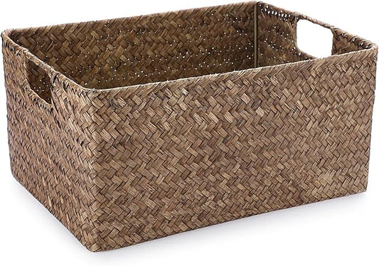 Hipiwe Wicker Storage Bin Handwoven Opened Baskets for Shelf Organizing | Rectangular Decorative Basket, Seagrass Closet Bedroom Organizer Bin Box Multipurpose Storage Basket with Handle