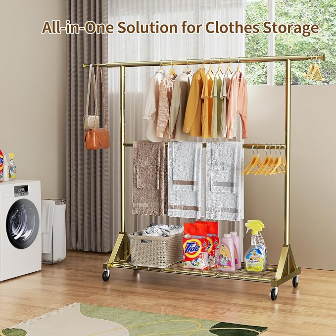 Luxspire Heavy Duty Clothes Rack with Lockable Wheels Load 600 LBS, Gold | Double hanging rods, heavy-duty iron mesh frame, adjustable extendable rods, ideal for laundry room & bedroom garment storage