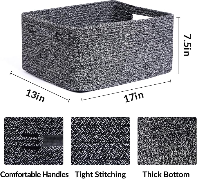 MiniArk Large Storage Baskets for Shelves, 17 x 13 x 7.5” Closet Organizers Bins for Clothes Blanket Towels, Baby Nursery, Toy Baskets Box, Woven Rope Baskets, 2 Packs Dark Gray
