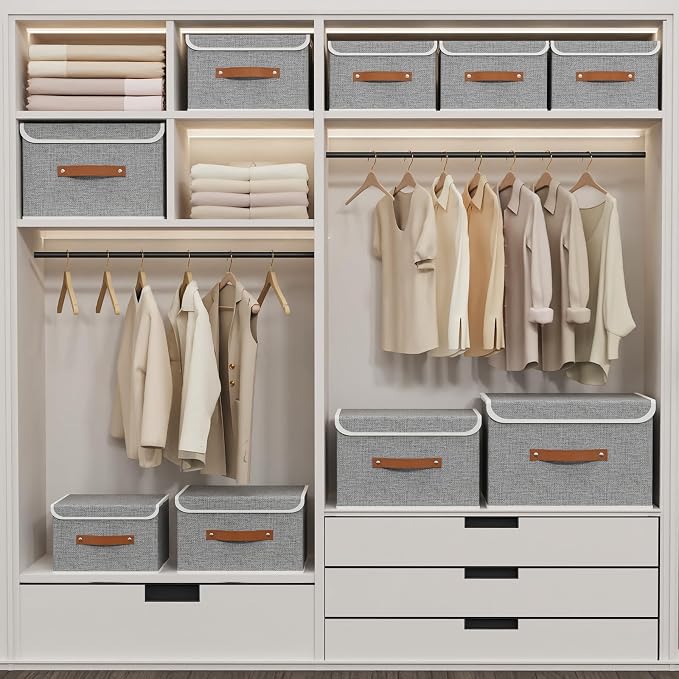 Yawinhe Collapsible Storage Boxes,Grey,10.2x7.9x6.7in,3-Pack | Fabric Storage bin with Lids, Washable Cube Organizer Basket; Container with Leather Handle,Closet Organizer for Home