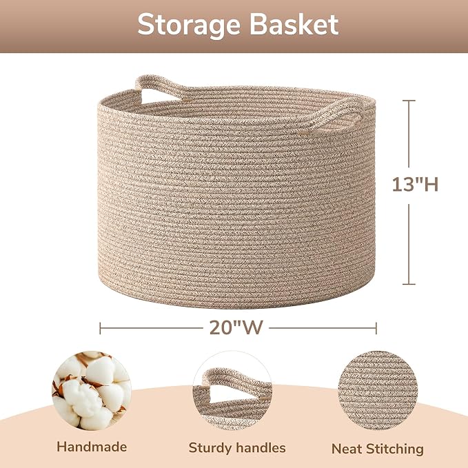 Goodpick Large Wicker Basket for Blankets, Baby Toy Storage Basket, 65L | 19.7 x 19.7 x 12.6 In Baby Storage Basket for Nursery, Blanket Basket for Living Room, Laundry Basket for Towels, All Brown