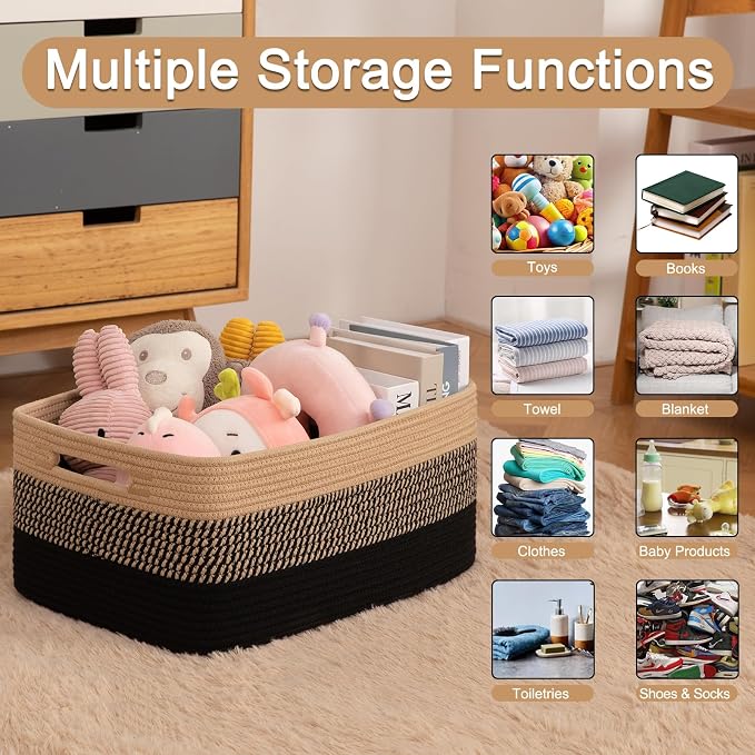 OIASKET Large Storage Basket for Organizing, Woven Rope Basket for Shelves, Closet Organizer Bins for Clothes, Blanket, Toys, Baby Nursery Storage, 17.7" x 13" x 7.87", 2 Packs Black & Brown