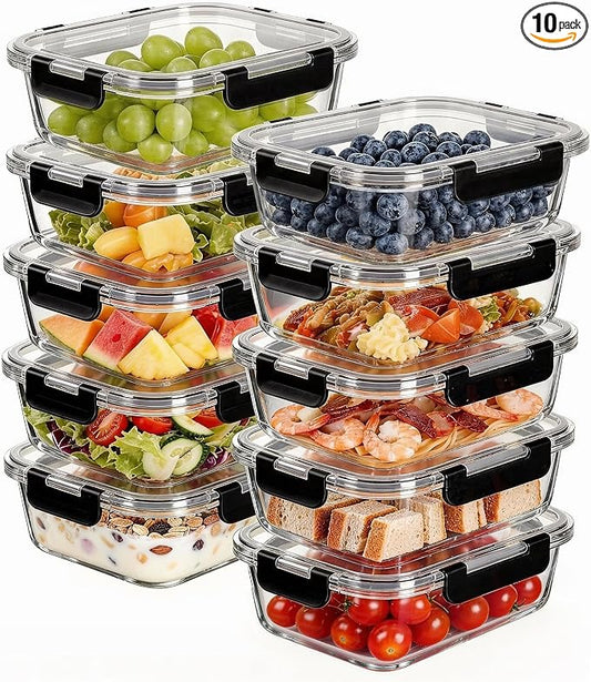 Liuruiyu 10 Pack 21.6oz Glass Food Storage Containers with Lids, Meal Prep Containers, Airtight Bento Boxes with Leak Proof Locking for Microwave, Oven, Freezer and Dishwasher, BPA Free