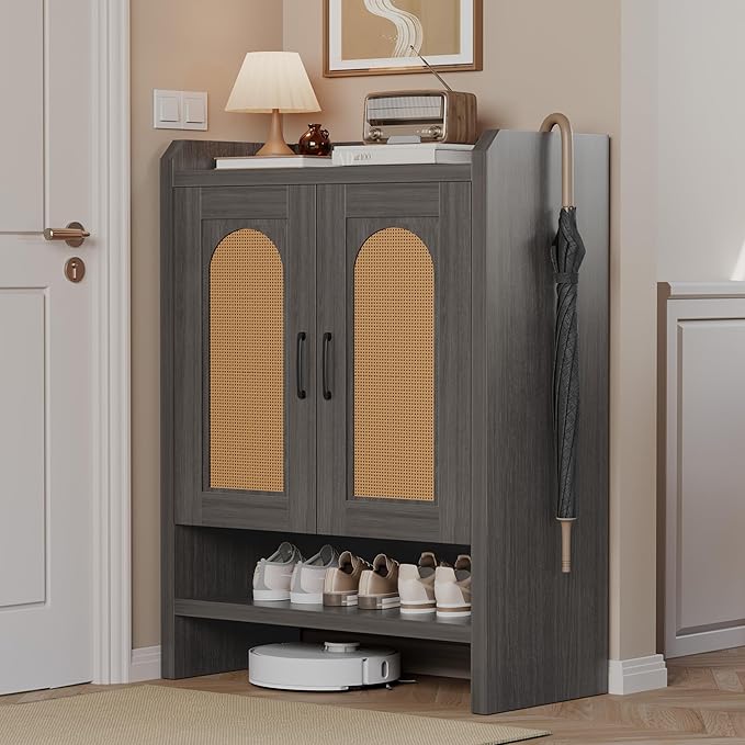 6-Tier Shoe Cabinet Storage for Entryway, Rattan Shoes Organizer Cabinets with Doors, Wooden Shoe Rack, Farmhouse Boho Wood Storage Cabinet (Black, 6-Tier)