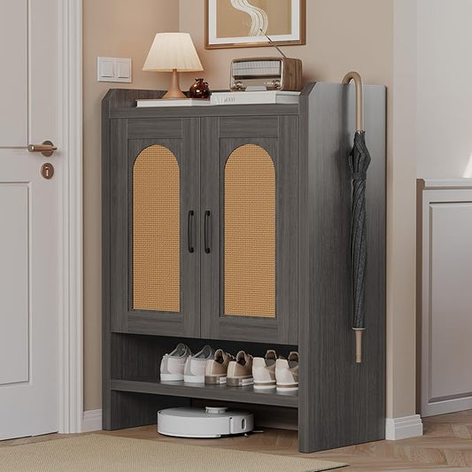 6-Tier Shoe Cabinet Storage for Entryway, Rattan Shoes Organizer Cabinets with Doors, Wooden Shoe Rack, Farmhouse Boho Wood Storage Cabinet (Black, 6-Tier)
