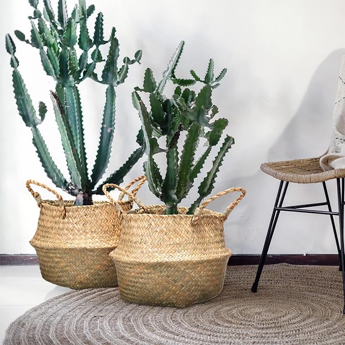 Qunclay 4 Pcs Woven Seagrass Baskets Belly Basket Folding Boho Natural Plant Pot with Handles Round Decorative Wicker Large Indoor Planter for Home Outdoor Tree Planters Decor (M,8.46''dx8.66''h)