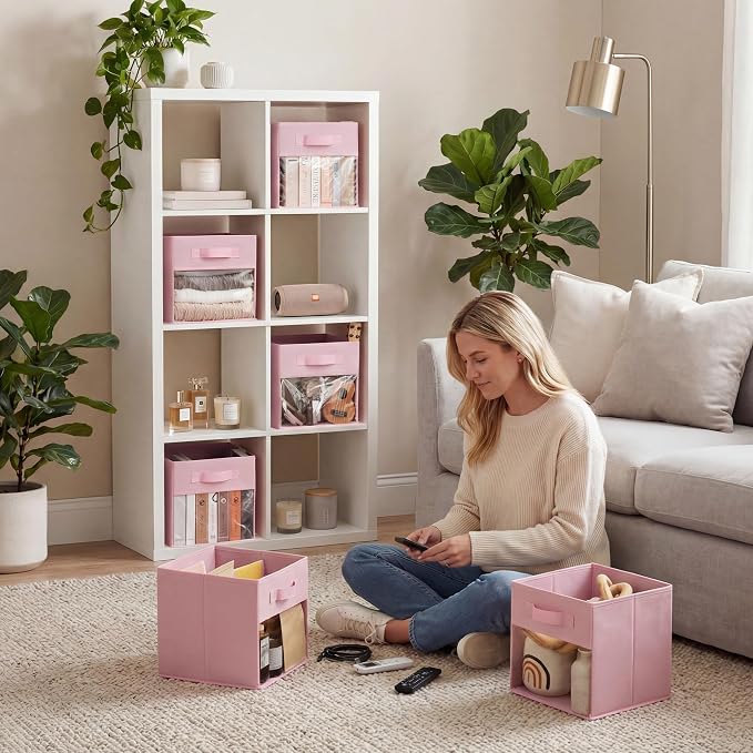 GRANNY SAYS Cube Storage Bins with Clear Window, 11 Inch Storage Cube Organizer, Collapsible Fabric Storage Cubes, Decorative Cube Storage Organizer for Shelves, Closet, Pink, 6-Pack