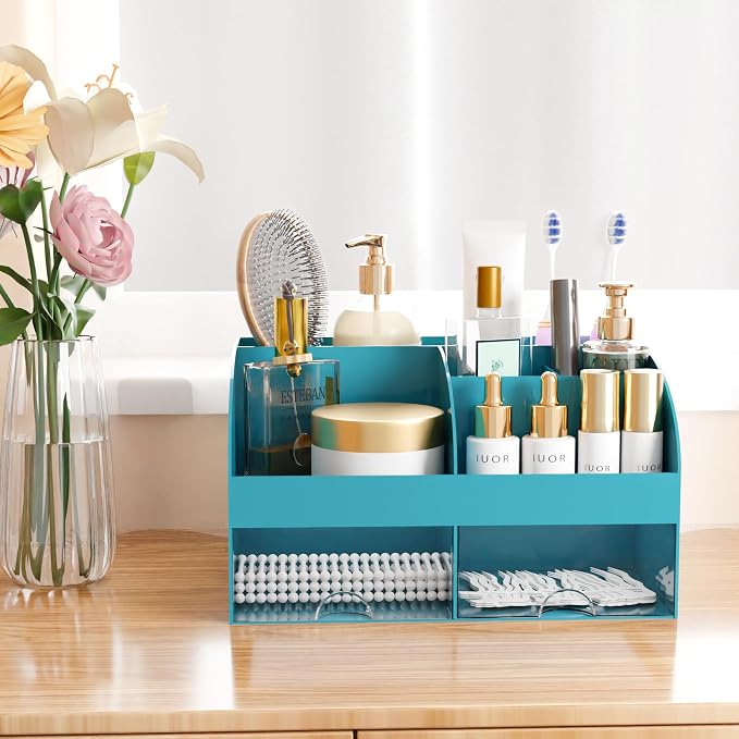 Makeup Organizer with Drawers, Cosmetic Storage for Dresser Vanity and Bathroom Countertop, Beauty Holder for Lipstick Brush, Skincare Organizer for Vanity, Cosmetic Display Case (Dark Green)
