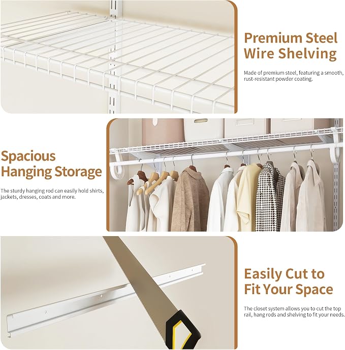 PROWORX 4-6 Ft Closet Organizer System, Adjustable Metal Wire White Closet System, Expandable Walk in Closet Organizers and Storage System, Closet Shelves with Hanging Rods