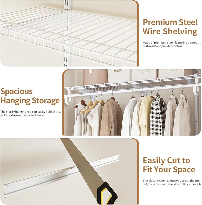 PROWORX 2-4 Ft. White Custom Insert Wire Closet Organizer System Kit | Adjustable Wall Mounted Metal Wire Closet Shelving System, Closet Shelves with Hanging Rods for Pantry Laundry Mudroom