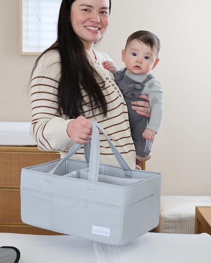 Diaper Caddy Organizer with 8 Pockets, Wipeable Baby Caddy Basket for Diapers and Wipes, Baby Registry Favorites, Nursery Tote Bag for Changing Table or Car (Heather Grey, Large)