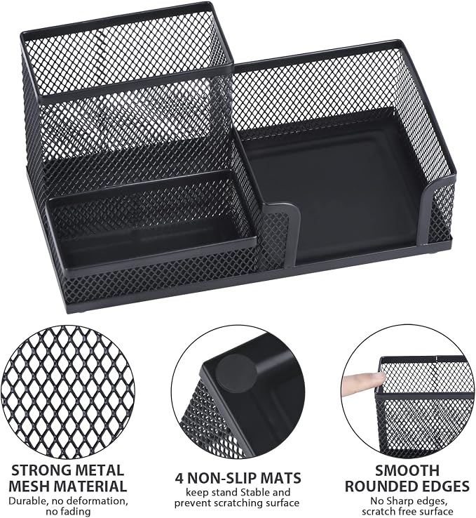 2-Piece Desk Pen & Pencil Organizer - Mesh Metal Pen Cup with Sticky Notes Holder, Black | Pen Cup