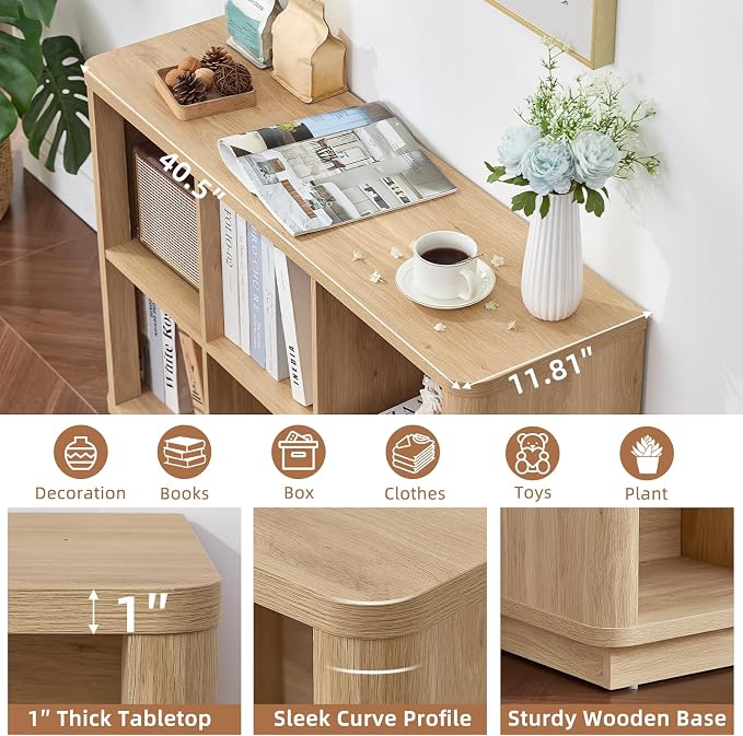 Joaxswe 6 Cube Storage Book Shelf, 40" Wide Low Horizontal Bookcase with Curved Edge, Floor Standing 2-Tier Wooden Bookshelf with Base, Modern Short Book Case for Bedroom, Study, Entryway, Natural Oak