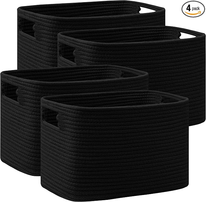 4 Pack Storage Baskets for Organizing, Shelf Baskets with Handles, Black | 14.5"Lx9.8"Wx9"H, Woven Basket, Cotton Rope Basket, Toy Storage, Cube Shelf, Gift Baskets Empty, Home Decor