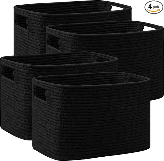 4 Pack Storage Baskets for Organizing, Shelf Baskets with Handles, Black | 14.5"Lx9.8"Wx9"H, Woven Basket, Cotton Rope Basket, Toy Storage, Cube Shelf, Gift Baskets Empty, Home Decor