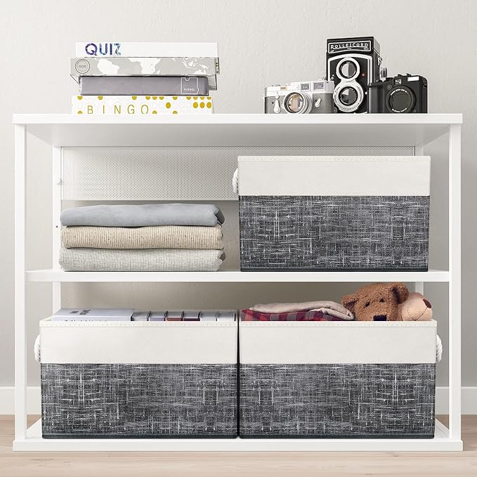 Fab totes Storage Bins 3-Pack, Foldable Storage Baskets for Organizing Toys, Books, Shelves, Closet, Large Storage Box with Rope Handles, Sturdy Organizer Bins, White & Black