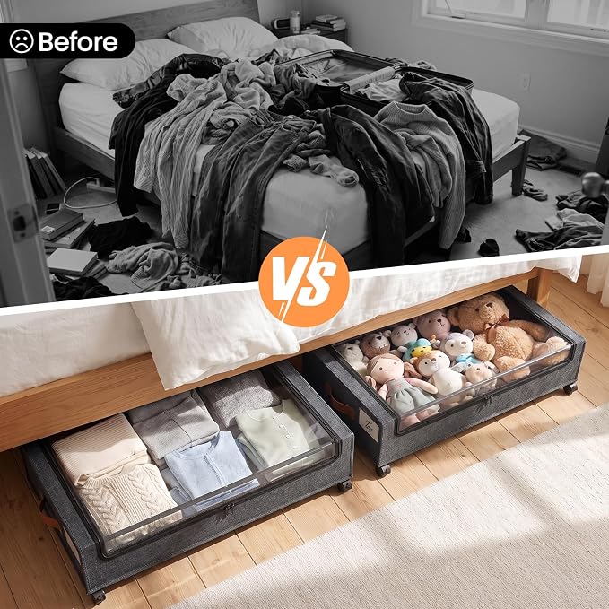 Yecaye 60 L Under Bed Storage with Wheels, 2 Pack Under Bed Storage Containers with Clear Window & Label, Rolling Under bed Shoe Storage organizer for Clothes, Shoes, Hemp Grey