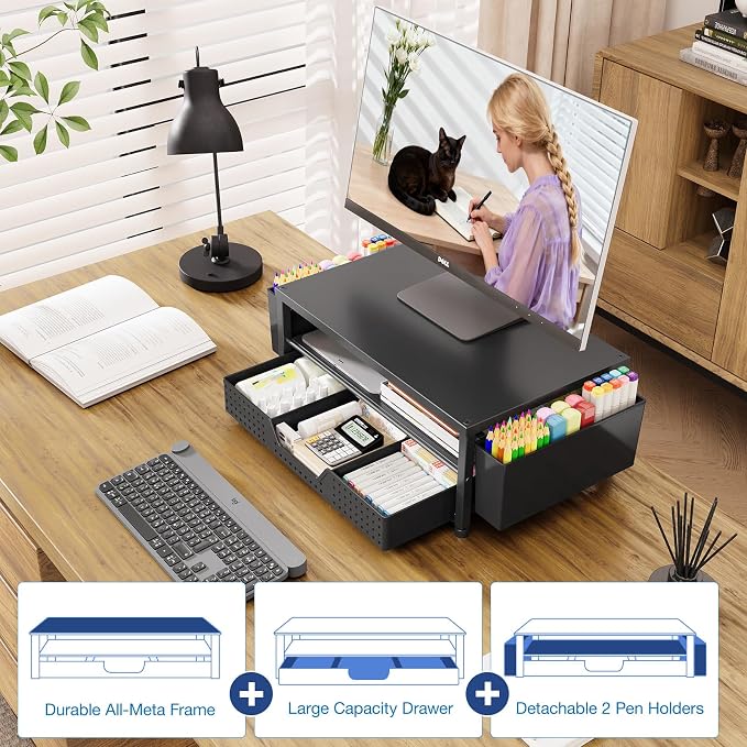 OPNICE Desk Organizers and Accessories, Computer Monitor Stand Riser with Drawer and 2 Pen Holders, Printer & Laptop Stand, Office Desk Accessories & Workspace Organizers for Home Office Supplies, Black 2-Pack