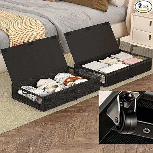 Fokyfok 2 Pack Under Bed Storage with Wheels 6 inch Height | Metal Frame,Lid,Rolling Slim Under Bed Drawers for Shoes,Clothes and Toys,Shallow Underbed Storage,Under Couch Storage,Black