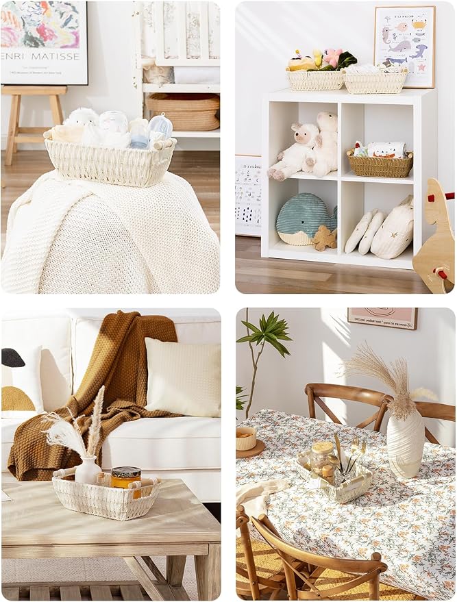 StorageWorks Round Paper Rope Woven Basket with Wooden Handles for Gifts, Small Wicker Baskets for Shelf, Beige, 2-Pack