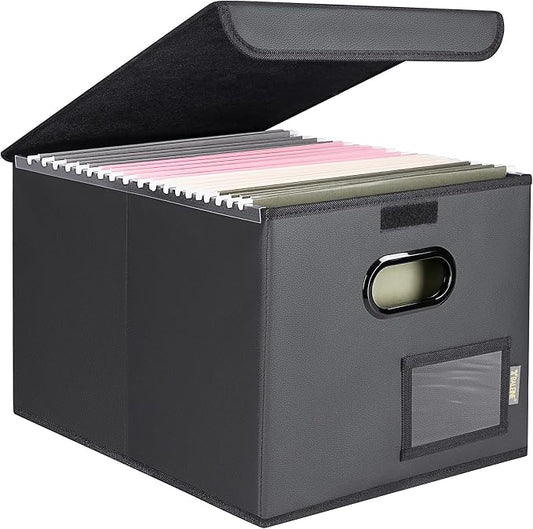BALEINE File Organizer Box with Lid, Collapsible File Folder Organizer with Plastic Slide, Hanging File Folder Box for Office Document Storage (1 Pack, PU, Black)