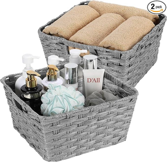 2-Pack Plastic Wicker Storage Baskets for Bathroom, 12"x12"x6", Grey | onlytak woven storage bins for shelves, toilet paper, closet, and home organizing – stackable, durable.