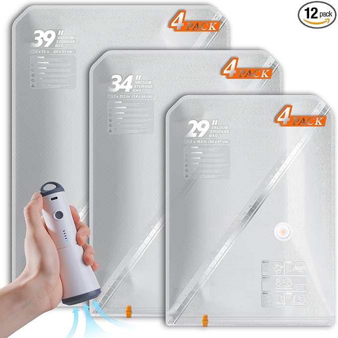 Vacbird Vacuum Seal Bags for Clothing with Rechargeable Cordless Pump, 12 Pack Compression Packing Bags, Space Saver Storage for Seasonal Clothes Bedding Blanket Pillows Comforters Luggage Travel