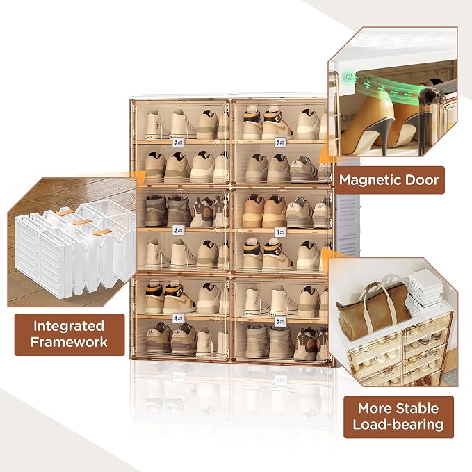ANTBOX Portable Shoe Rack Organizer for Closet Entryway, Stackable Sneaker Storage Shoe Cabinet with Magnetic Clear Door, Large Plastic Storage containers Bins with Lids 6 Tiers 24 Pairs