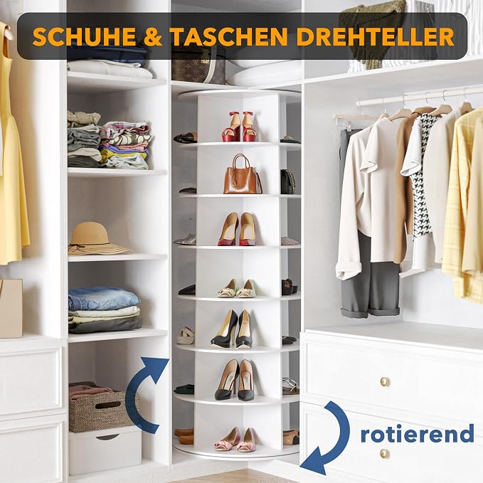 SpaceAid 7 Tier Rotating Shoe Rack Tower, Spinning Shoe Display Lazy Susan, Revolving 360 Shoe Rack Storage Round Carousel, Vertical Handbag Rotate Shoes Closet Organization (7-Tier White)
