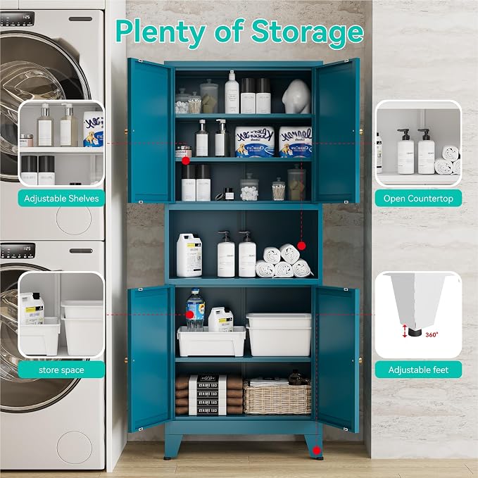 69" Tall Pantry Cabinet with Open Shelf,13.78“Deep By 28" Wide Storage Cabinet with Doors and Adjustable Shelves,Microwave Stand,for Kitchen Dining Room Living Room Bathroom,Teal Blue,1Pc