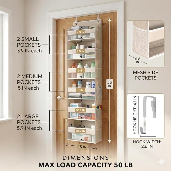 HOMELUX THEORY UPGRADED 6 Tiers Over The Door Organizer Hanging - 100D EXTRA THICK & 50lbs HUGE CAPACITY, 12 Side Mesh Pockets Over The Door Shoe Organizer, Hanging Closet Organizer (Ivory, 1pc)