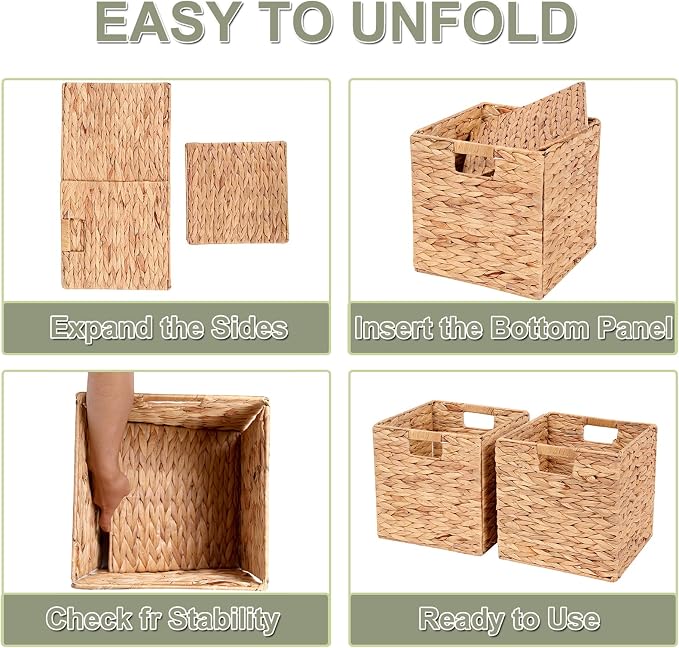 Water Hyacinth Storage Baskets 11x11x11 Inch Wicker Storage Cubes Set of 2 | Handwoven Foldable Wicker Cubes with Sturdy Handles, Rustic Laundry Organizer for Bedroom Shelves, Kitchen, Bathroom