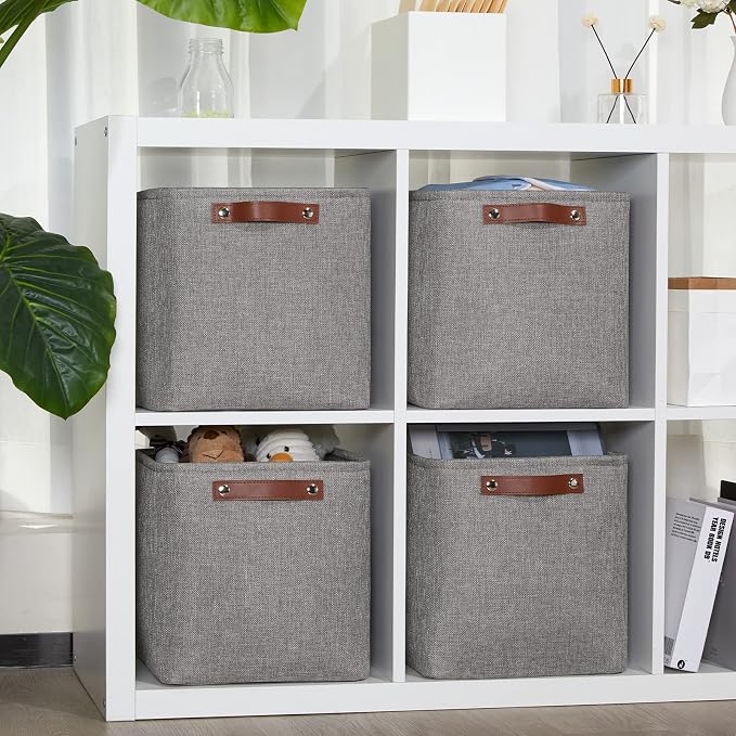 DULLEMELO 11 inch Cube Stroage Bins 4 Pack Small Grey Square Storage Baskets Cube Organizer, Linen Closet Organizers and Storage Baskets for Shelves Bedroom Storage