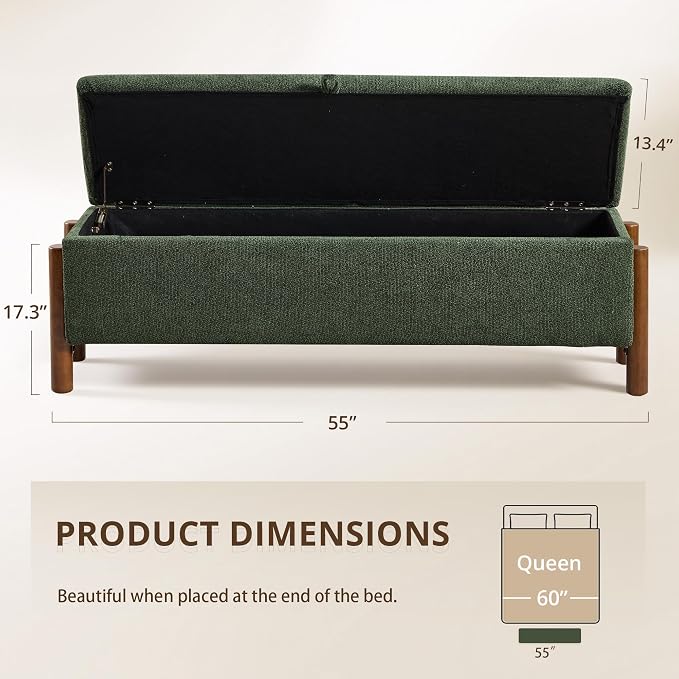 55'' Modern Storage Ottoman Benches | with Walnut Wood Legs 26 Gallons Storage Space Fabric Upholstered Seating End of Bed for Bedroom Livingroom Green