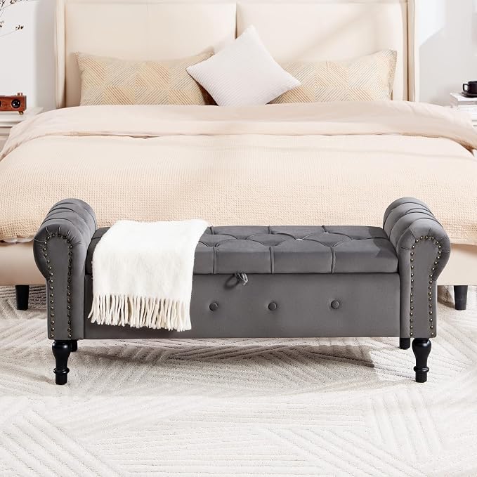 Storage Bench 51" Velvet End of Bed Benches Dark Grey | Queen Size Storage Bench for Bedroom with Rolled Arms Tufted Ottoman Benches Upholstered Bench for Living Room Entryway
