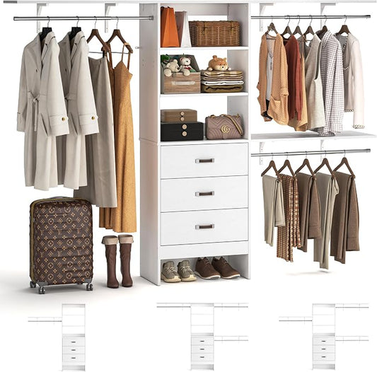 8FT Closet System, 96'' Closet Organizer System with 3 Hanging Rods, Wall Mount Bedroom Wardrobe with 3 Drawers Walk-in Closet, Adjustable Cloth Garment Rack from 5 to 8FT (Cut to Fit), White