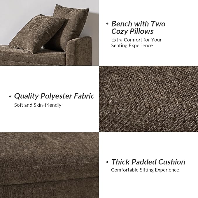 HULALA HOME 59" Storage Bench with 2 Throw Pillows & Armrests, Taupe | Modern Long Bedroom Bench for End of Bed, Comfy Upholstered Fabric Footstool for Entryway Living Room
