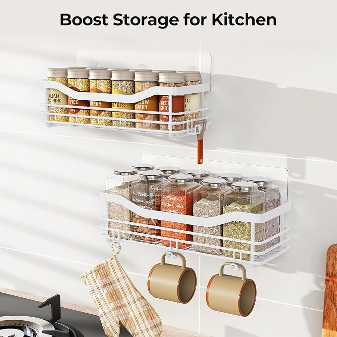 Orimade Shower Caddy Basket Shelf Storage Rack, No Drilling Wall Mounted Adhesive Rust Resistant Stainless Steel Shower Organizer with 5 Hooks for Bathroom, White 2 Pack